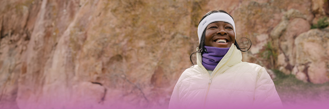 header image of woman wearing fleece headband and neck warmer